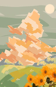 sunflowers, grassy field and the moon