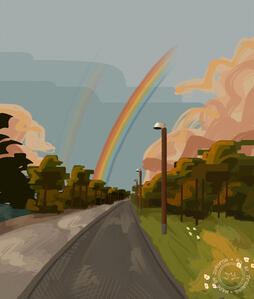 digital painting of a roadscape surrounded by green-leaved trees, lush grass and a sidewalk lining the road on its left and right. background is of a blue sky, pinkish clouds framing both of its sides and a double rainbow.